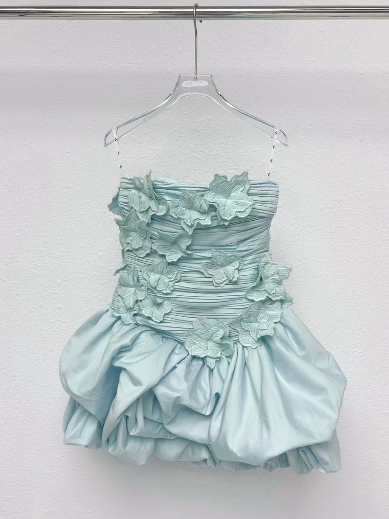 Pleated Patchwork Flower Short Dress