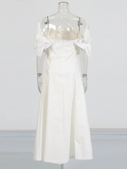 Elegant White Off - Shoulder Floral Applique Maxi Dress.