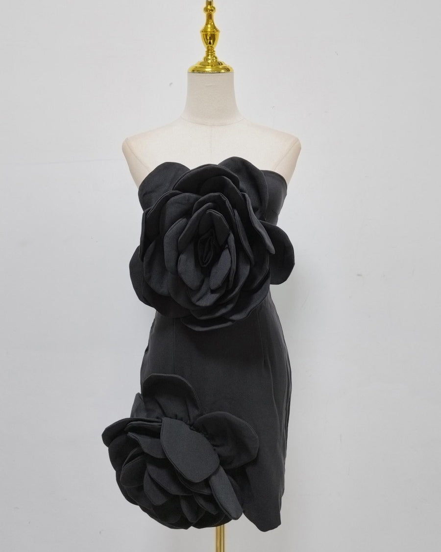 Black 3D Flower Strapless Mini Dress
