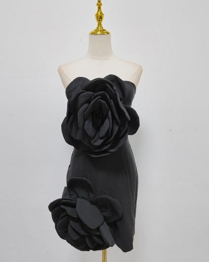 Black 3D Flower Strapless Mini Dress