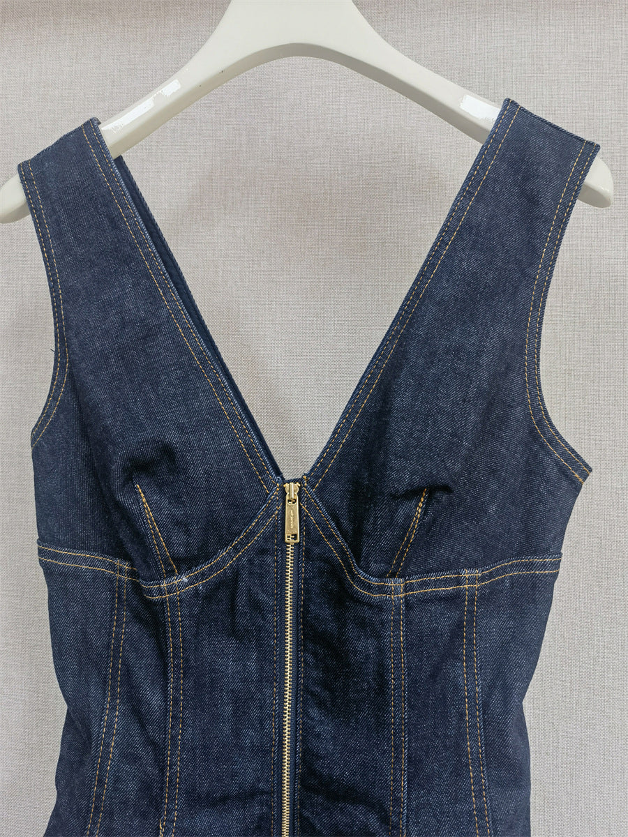 Denim V-neck Sleeveless Short Dress