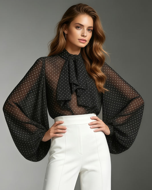Black Polka Dot Bow Tie Neck Bodysuit Jumpsuit