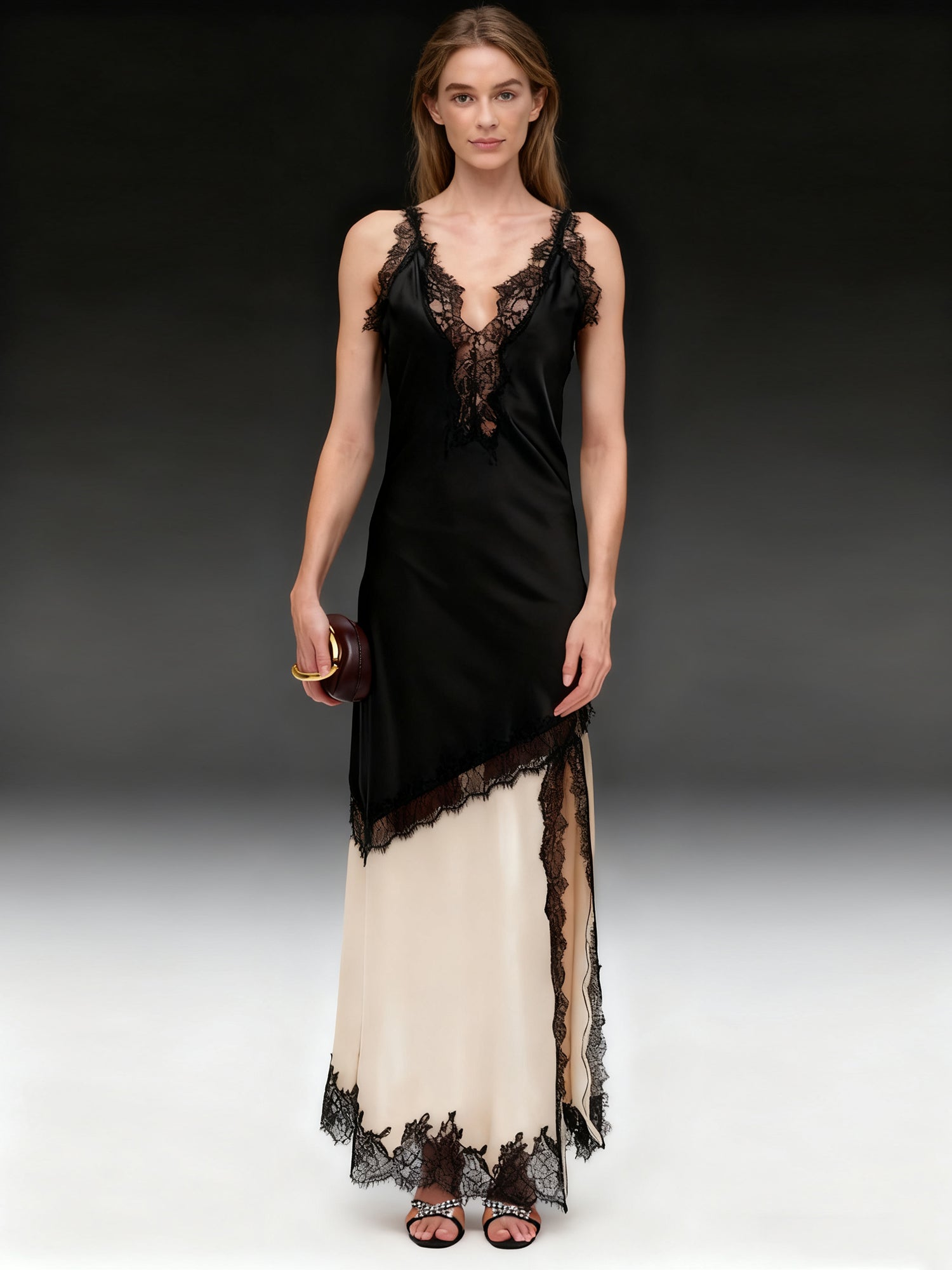 Chic Black and Cream Contrast Lace Maxi Dress