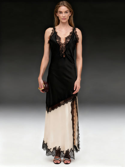 Chic Black and Cream Contrast Lace Maxi Dress