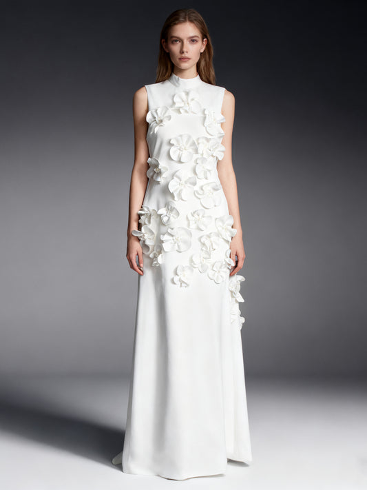 Elegant White Maxi Dress with 3D Floral Appliqués