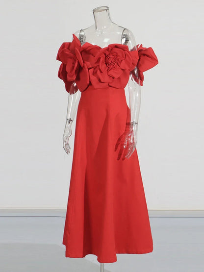 Statement Red Off - Shoulder Floral Applique Midi Dress.