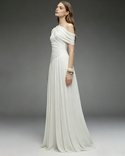 White Asymmetrical One-Shoulder Ruched Maxi Dress