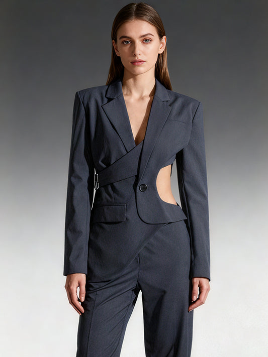 Edgy Gray Cutout Asymmetric Blazer with Belt Detail