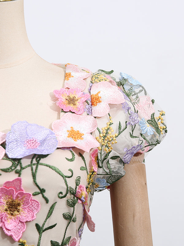 Square Collar Patchwork Flower Long Dress