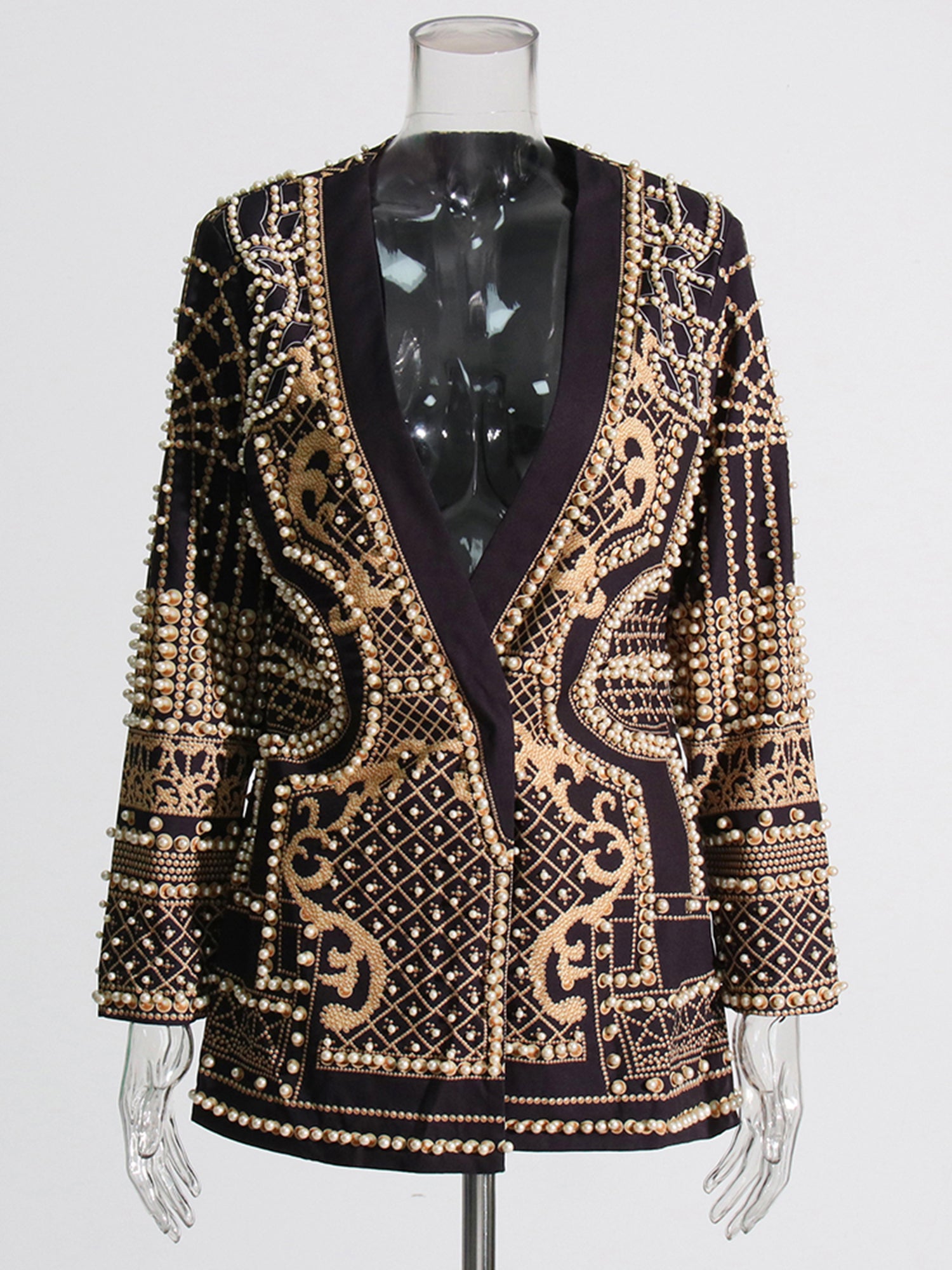 Luxurious Black Blazer with Gold and Pearl Embellishments