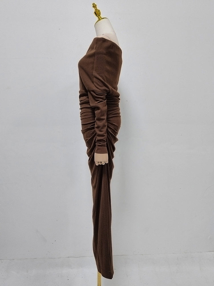 Brown Off-Shoulder Ruched Slit Maxi Dress