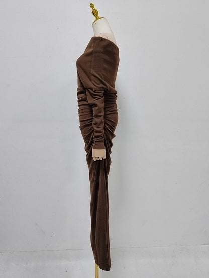 Brown Off-Shoulder Ruched Slit Maxi Dress