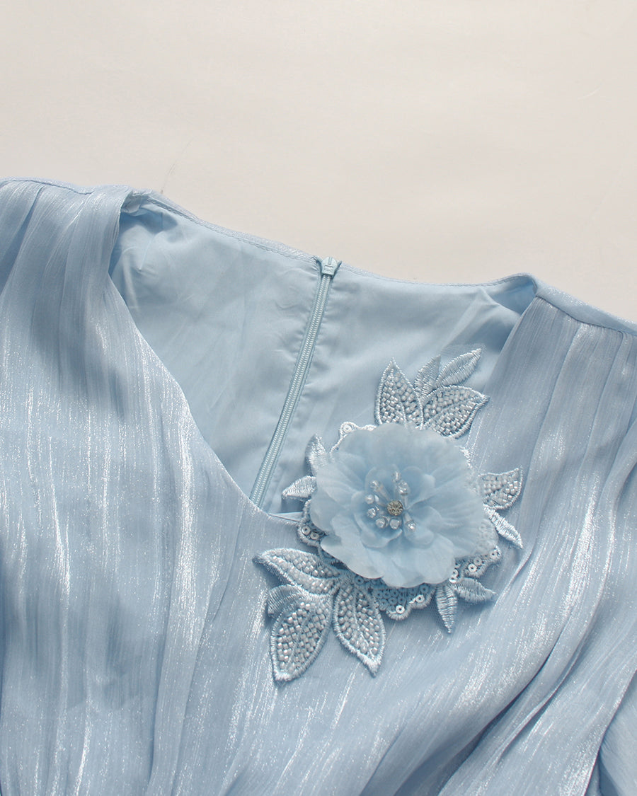Blue 3D Floral Ruched Waist Maxi Dress