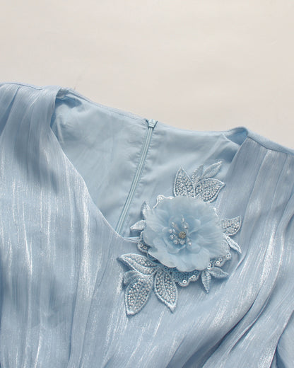 Blue 3D Floral Ruched Waist Maxi Dress