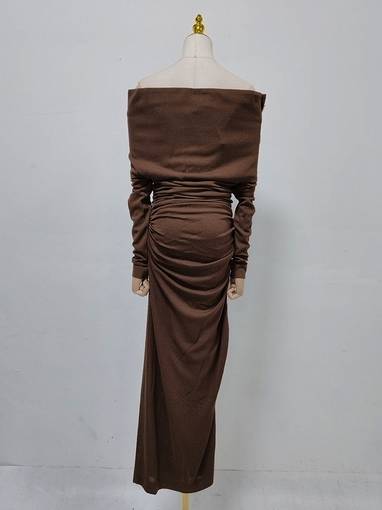Brown Off-Shoulder Ruched Slit Maxi Dress