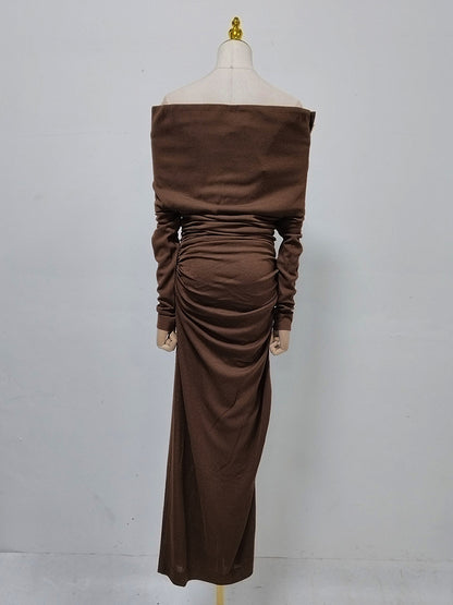 Brown Off-Shoulder Ruched Slit Maxi Dress