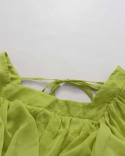 Green Off Shoulder Puff Sleeves Cropped Blouse