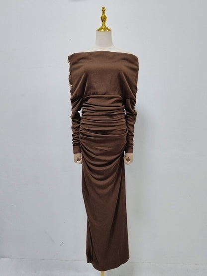 Brown Off-Shoulder Ruched Slit Maxi Dress