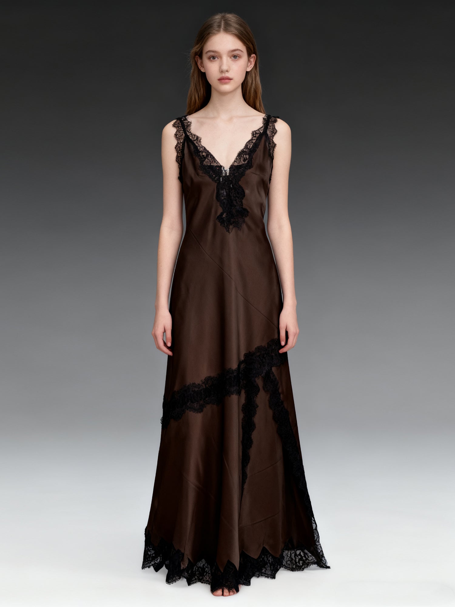 Elegant Chocolate Brown Satin Maxi Dress with Black Lace Details
