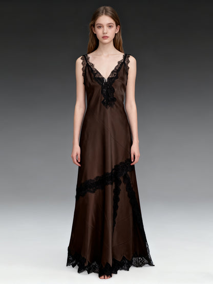 Elegant Chocolate Brown Satin Maxi Dress with Black Lace Details
