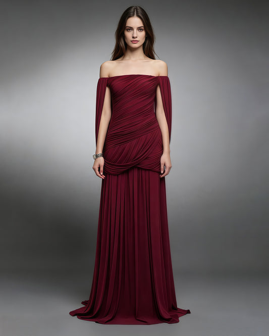 Burgundy Off-the-Shoulder Ruched Maxi Dress