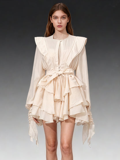 Romantic Apricot Ruffled Tiered Mini Dress with Belt