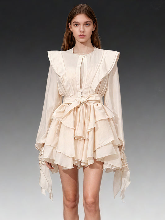 Romantic Apricot Ruffled Tiered Mini Dress with Belt