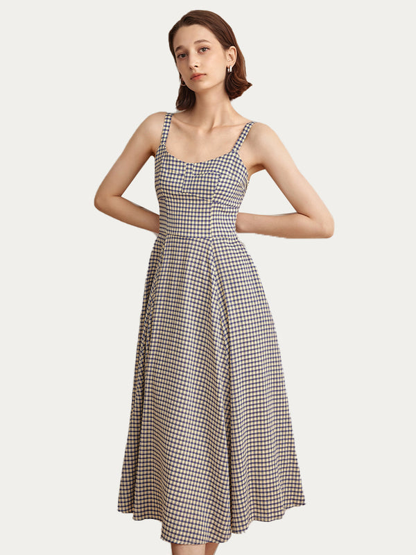 Checkered Drawstring Waist Up Dress