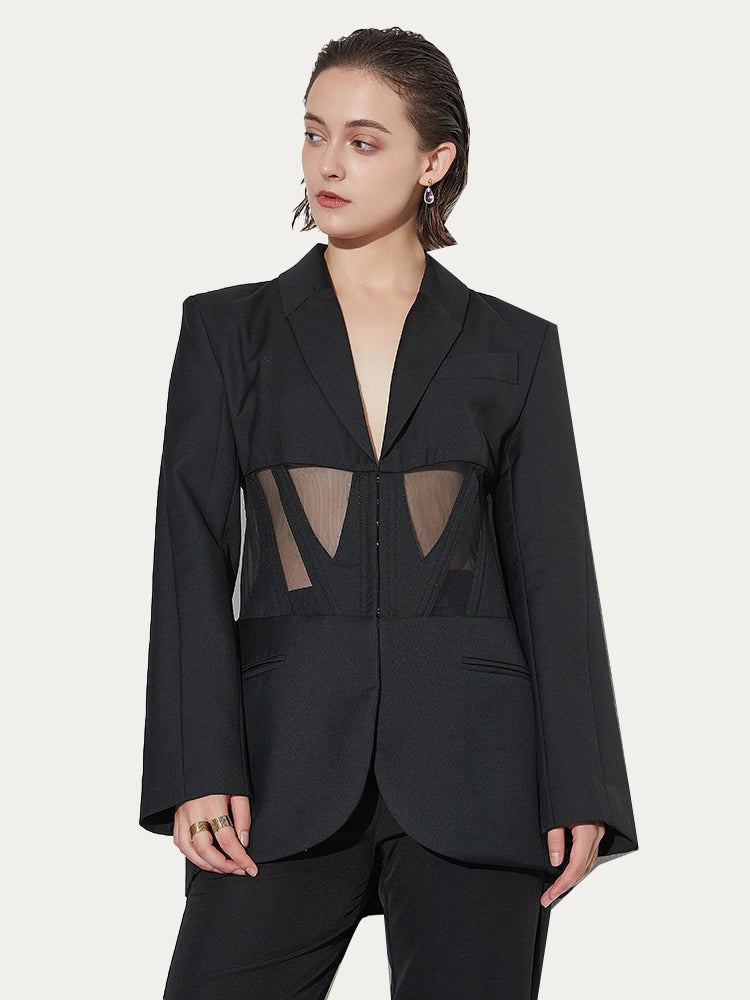 Fishbone Waistband Mesh Perspective Blazer