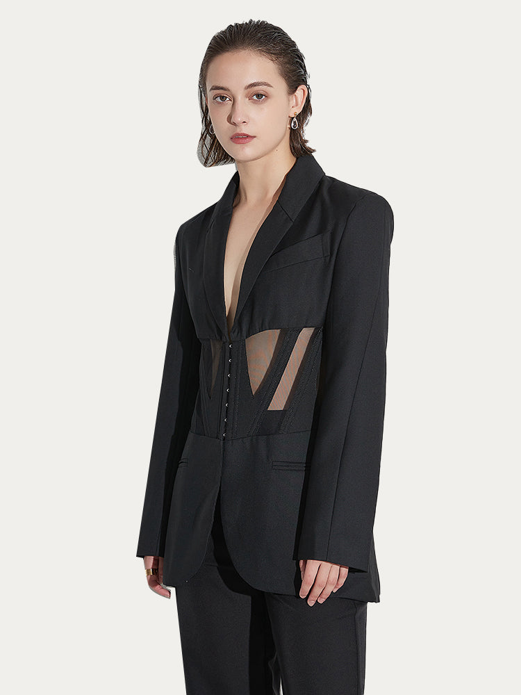 Fishbone Waistband Mesh Perspective Blazer