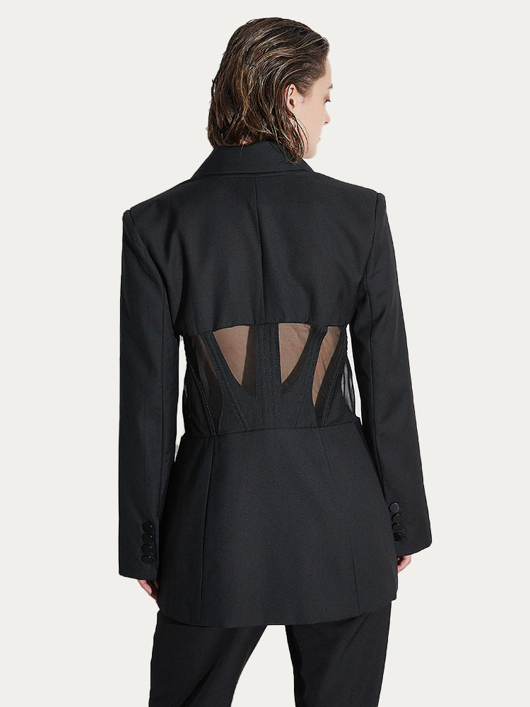 Fishbone Waistband Mesh Perspective Blazer