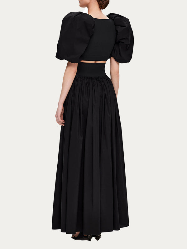 Bubble Sleeved Tops With Waistband High Slit Long Skirt Set