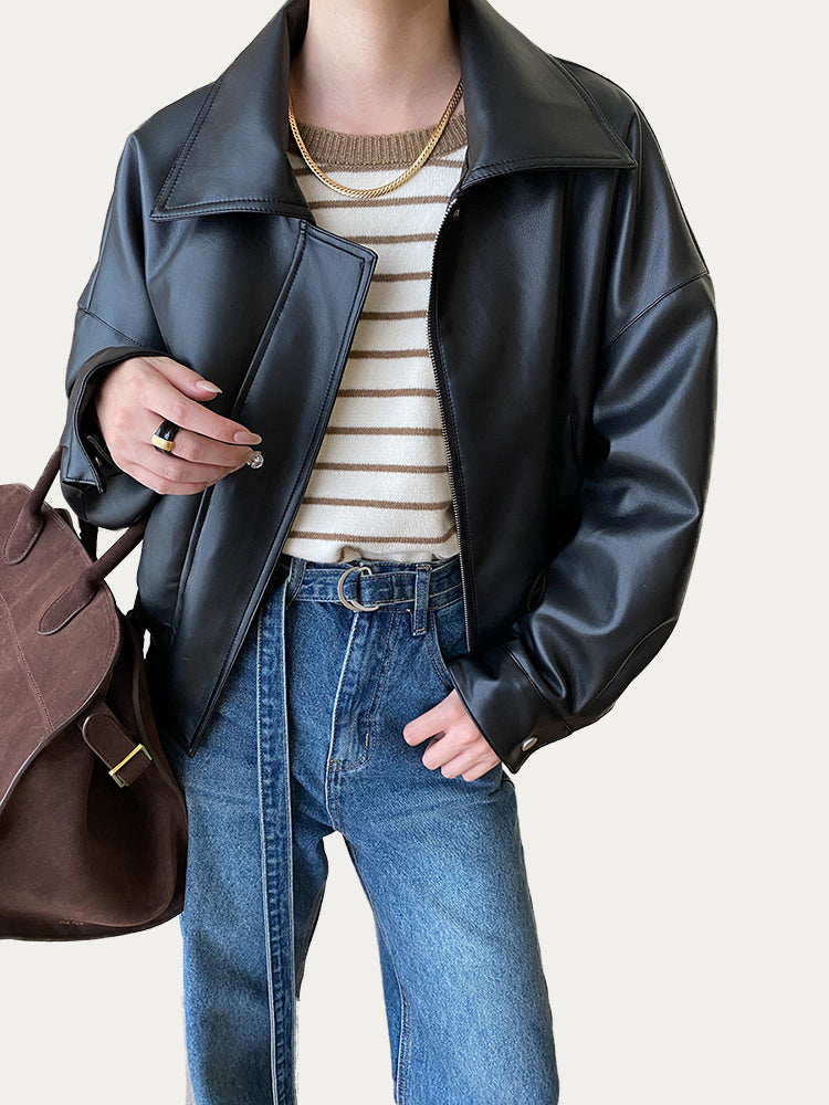 Casual Lapel Loose Leather Jacket