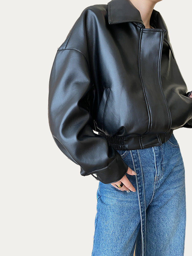 Casual Lapel Loose Leather Jacket