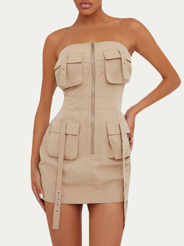 Chest Wrapped Open Back Multi Pocket Dress