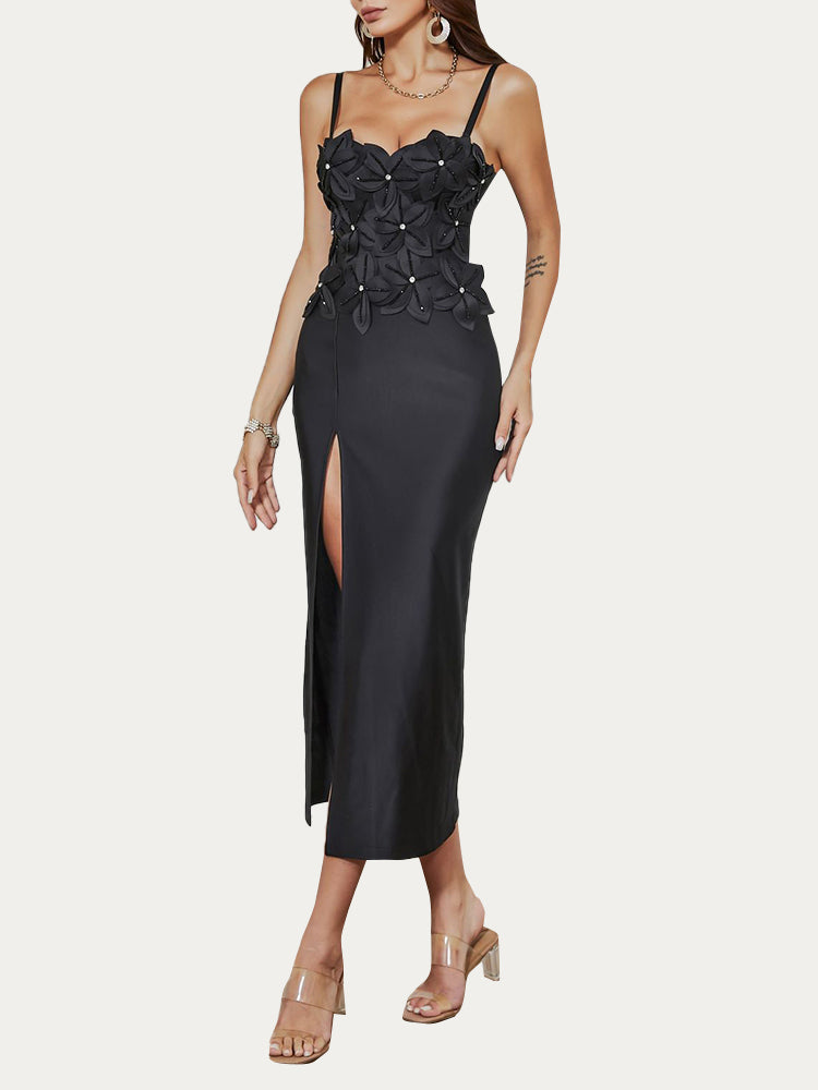 Flower Studded High Slit Slimming Dress