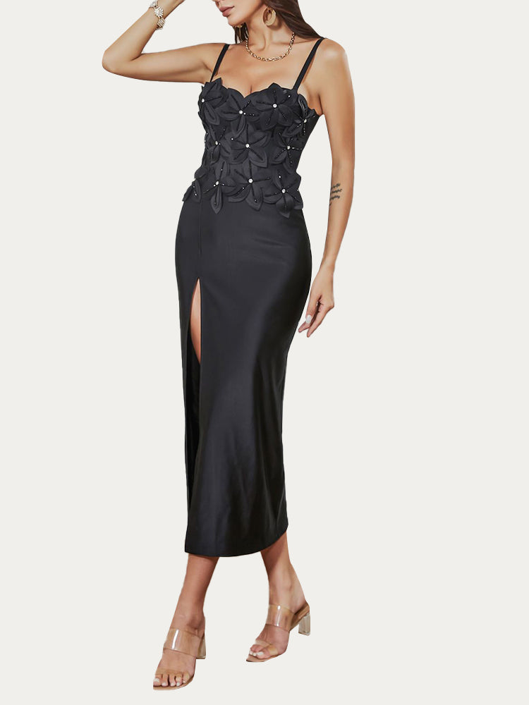 Flower Studded High Slit Slimming Dress