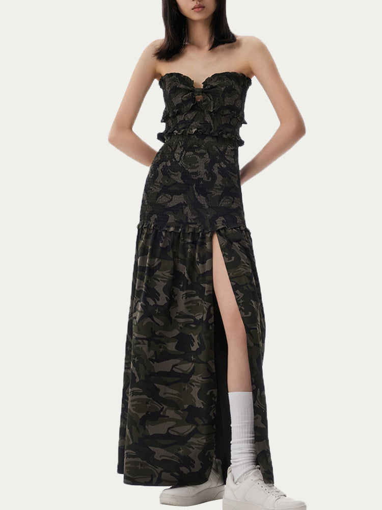 Camouflage Strapless Slit Dress