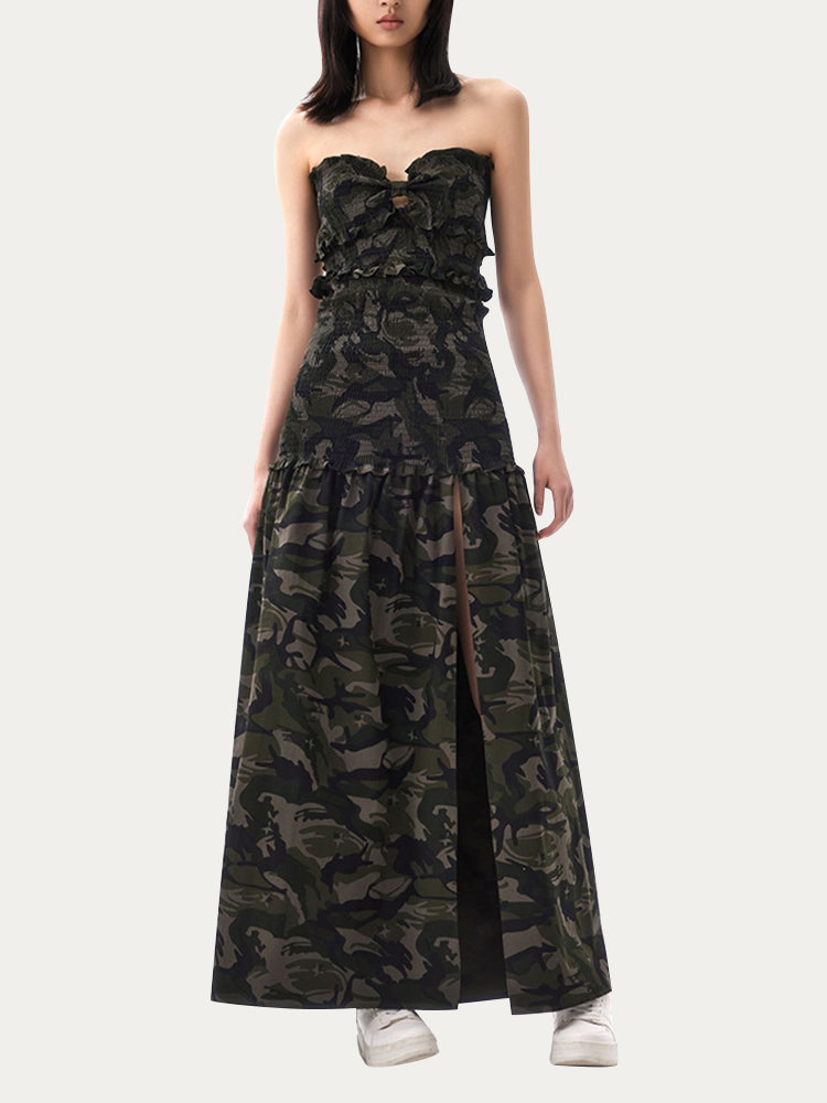 Camouflage Strapless Slit Dress