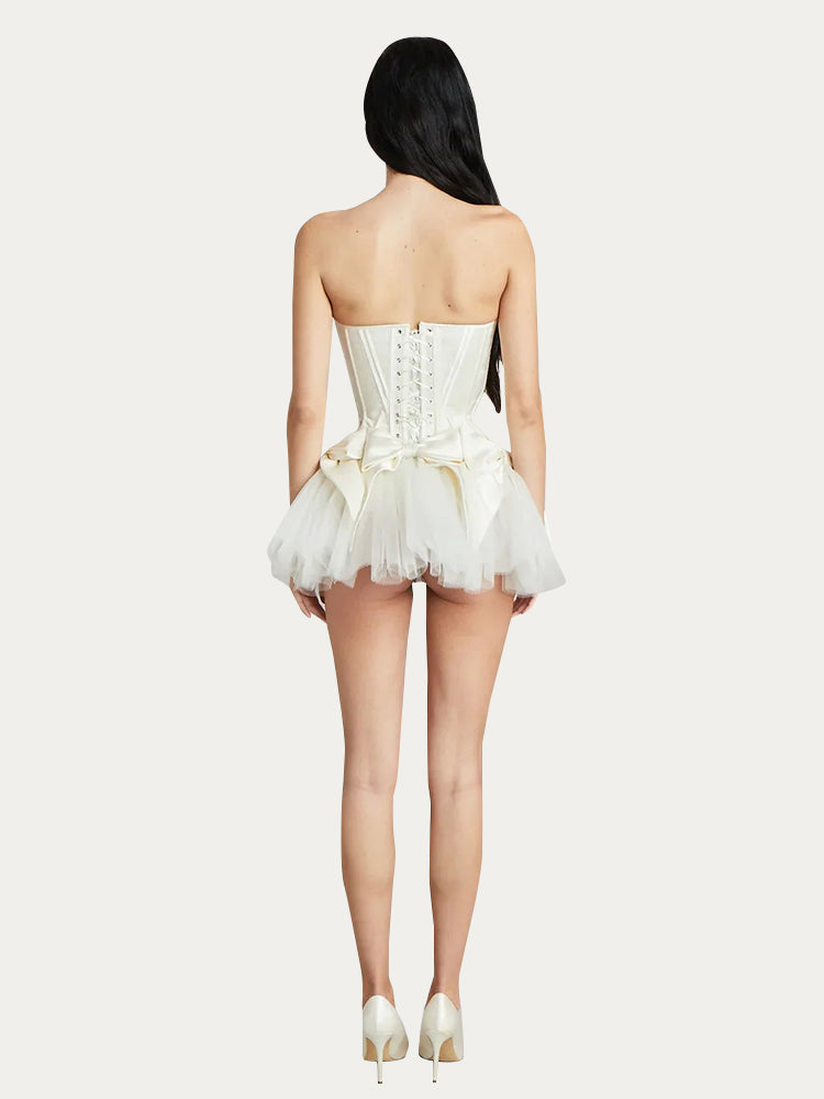 Fish Bone Bow Mesh Puffy Dress