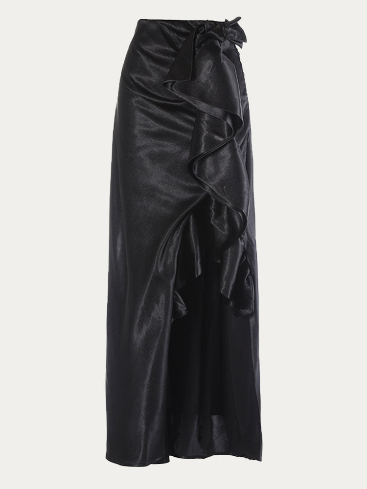 Split Satin Ruffled Long Skirt