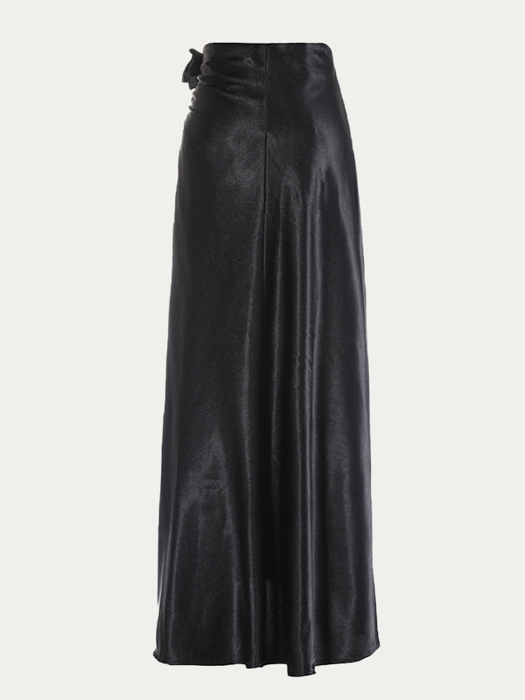 Split Satin Ruffled Long Skirt