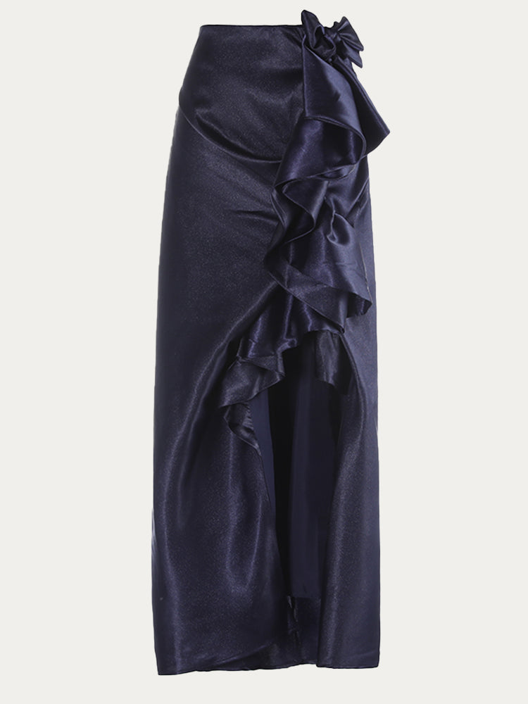 Split Satin Ruffled Long Skirt