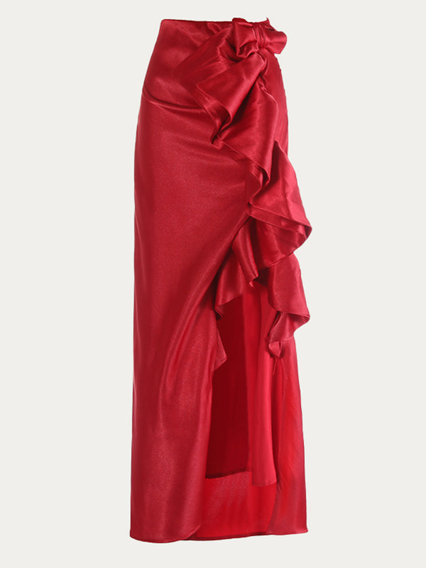 Split Satin Ruffled Long Skirt