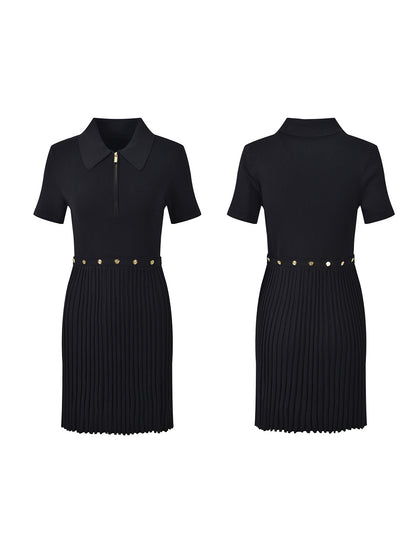 Pleated Solid Lapel Short Dress