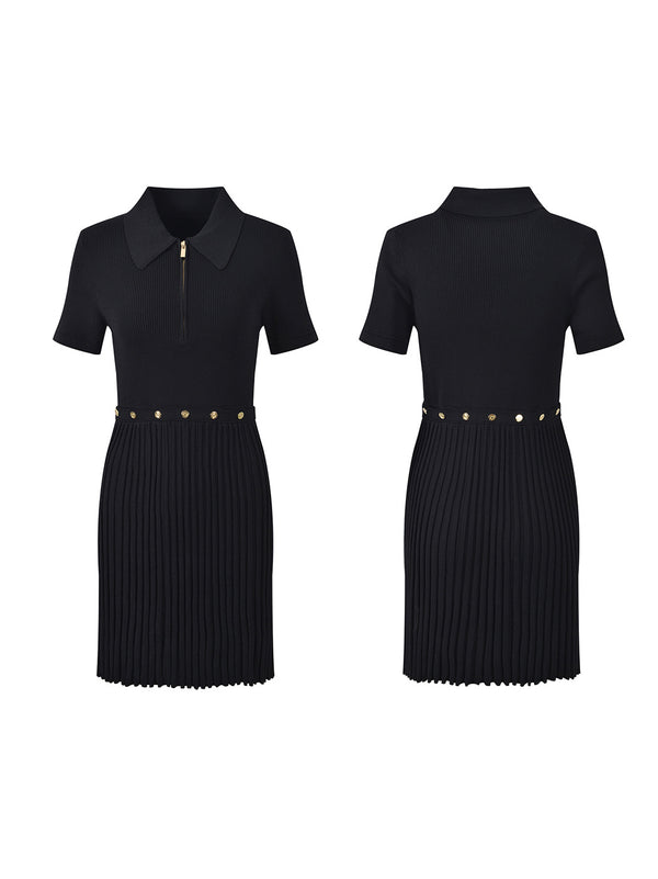 Pleated Solid Lapel Short Dress
