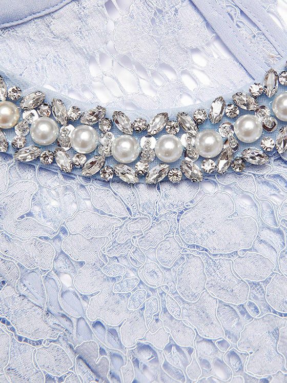 Flower Lace Patchwork Pearls Short Dress