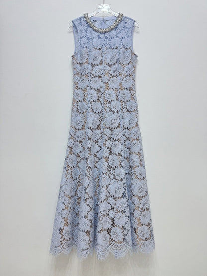 Flower Lace Patchwork Pearls Long Dress