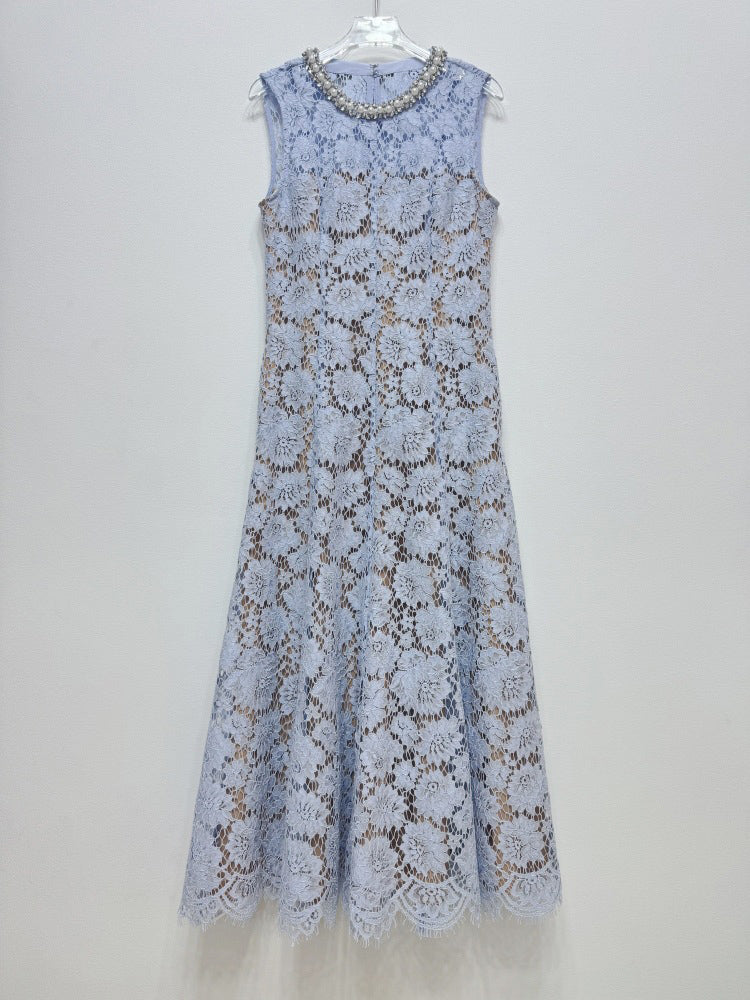 Flower Lace Patchwork Pearls Long Dress