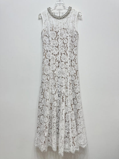 Flower Lace Patchwork Pearls Long Dress